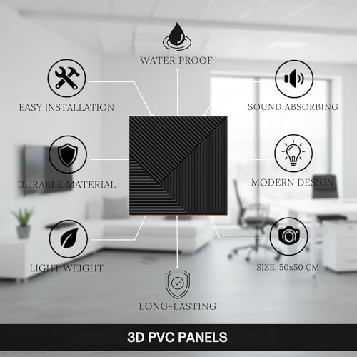 Image of Kayra Decor Wall Panels for Bedroom - PVC Fluted Design Black Color 19.7 inch x 19.7 inch (Pack of 40) - Covers 107.80 Sq. Ft.