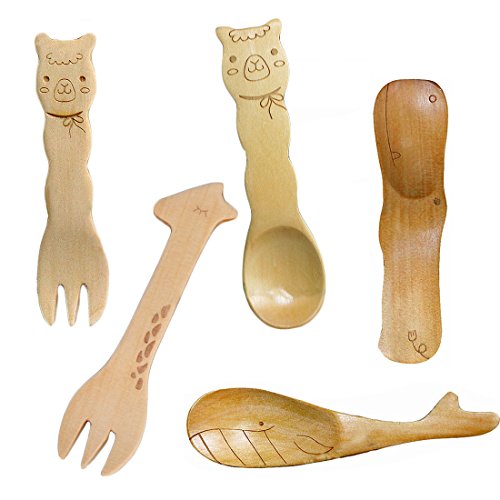 Miraclekoo Cute Wooden Animal Cutlery Set/Wooden Spoons and Forks for Children/Baby 4.5 Inches, Set of 5