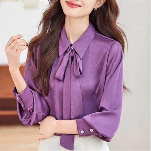 Women Long Sleeve Satin Chiffon Shirt Elegant Bow Casual Blouses Business Office Work Tops2