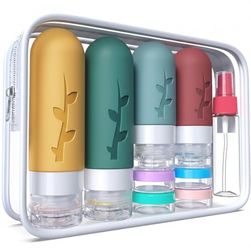 Image of DEPOZA Travel Bottles Kit (16 Pack) - TSA Approved, Leak Proof Silicone Squeezable Containers for Toiletries. Complete Set with Jars, Sprayers & Bag (Wine Red)