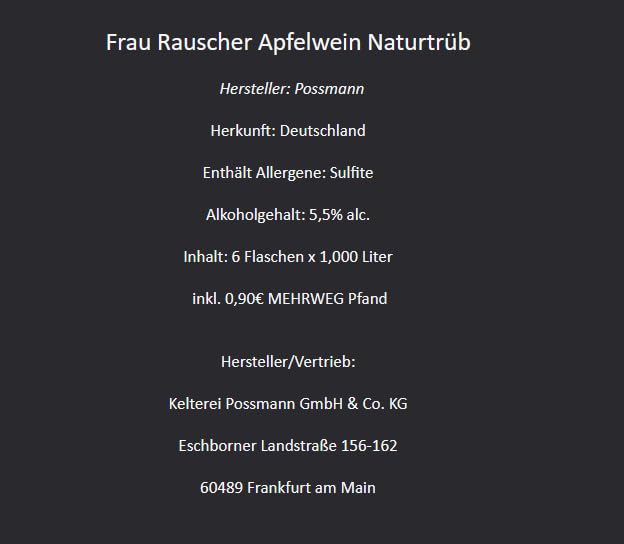 Possmann Frau Rauscher Apfelwein naturtrüb 6 x 1,0 ltr. 0,90€ MEHRWEG Pfand