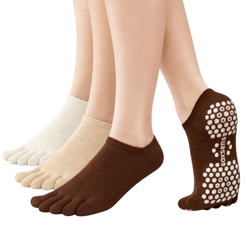 Image of Soxsense Pilates Grip Toe Socks for Women & Men, Cushioned Low-Cut Five Finger Socks Non Slip for Yoga, Barre, Gym