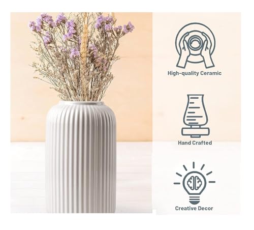 Image of SPHINX Ribbed Pipe Ceramic Vase | Green 6 Inch Flower Vase for Pampas Grass, Money Plant & Live Plants | Decorative Centerpiece Vase for Home, Office & Gifting | Vase Only (No Flowers)