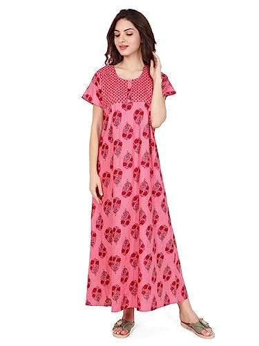 Image of Evolove Women's Cotton Long Maxi Night Gown Nighty Dress with Pocket & Stylish Button, Super Soft Comfortable (LNG-Button)