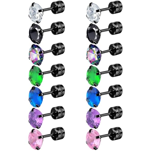 NEWITIN 7 Pairs Titanium Screw Back Earrings for Women Hypoallergenic Earring Double Side 20G Men Earring 5A Cubic Zirconia Sutd Earrings for Women Men