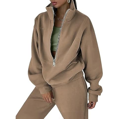 Qiaomai Womens Casual Fleece 2 Piece Outfits Sweatsuit Half Zip Sweatshirt Joggers Tracksuit Set (Brown-XL) Cover