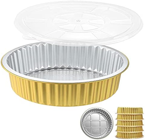 MESTAEK 10" Sturdy Foil Pans + Snap-On Lids (5 Pack) | 2X Thicker Heavy Duty Reusable Foil Tins 68oz | Grill Oven Microwavable Multi-Use Pan, Pot | Disposable Aluminum Foil Pans for Baking, Cooking