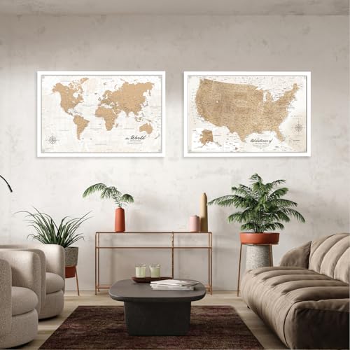 Image of IPIC - Vintage World Map & USA Map Canvas Wall Art Set of 2, Travel Wall Decor with Pins Included, Ready to Hang for Office or Living Room, 36x24 Inch