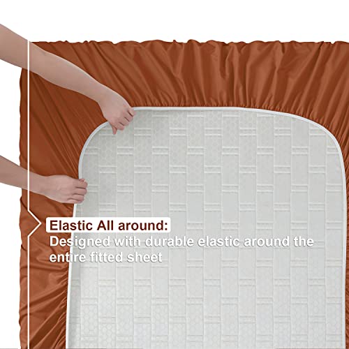 Image of Nestl Short Queen Bed Sheet Set - Rust - 4-Piece Deep Pocket | Instantly Soft, Night-One Ready (No Wash Required). Fits 16-Inch Deep Pockets, 360-Degree Elastic Grip