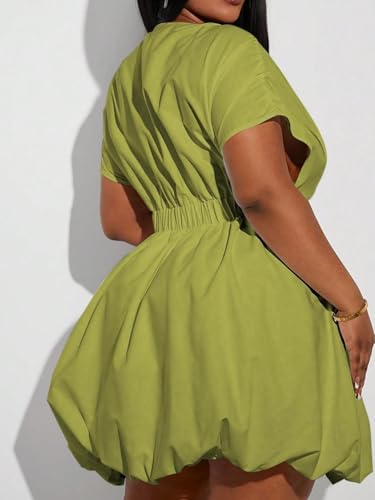Image of WDIRARA Women's Plus Size Deep V Neck Bubble Dress Short Sleeve A Line Mini Dresses