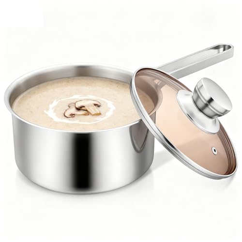 Cazo con mango de 18 cm, acero inoxidable con tapa de cristal, olla pequeña de inducción con base de 3 capas, olla con mango largo resistente al calor, adecuada para cocinar sopas y fideos diarios