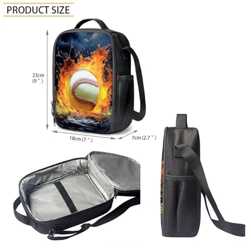 Bulopur 3 PCS Baseball Fire Water Pattern School Bag Set for Girls Boys, 17 Inch Student Backpack Insulated Lunch Bag Pen Case, Blue3