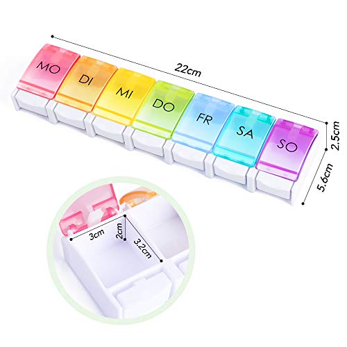 Opret Tablettenbox 7 Tage Deutsch, Pillendose Regenbogen, Tablettendose Pillenbox Medikamentenbox Wochen Tabletten Organizer, Kleine Eicht Zu Öffnen für Unterwegs
