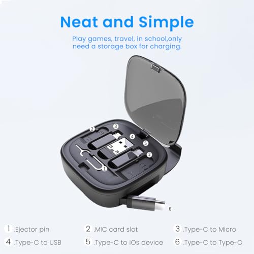 Image of Verilux 6 in 1 Fast Charging Cable with Storage Case, All in One Mobile Accessories with Card Slot & SIM Ejection Tool, 3.3Ft Retractable Type C Multi Charging Cable for iPhone, USB A /Type C Devices
