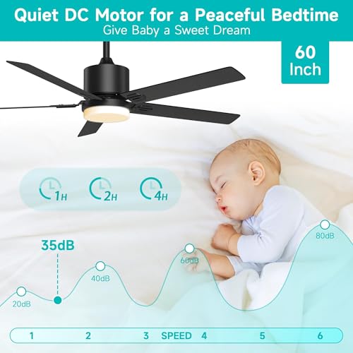 Image of Obabala 60 Inch Ceiling Fan with Light,Ceiling Fans with Remote Indoor Outdoor DC Motor Black Ceiling Fan with Light LED for Patios,Garage,Dining Room, Bedroom, Kitchen, Living Room, Farmhouse