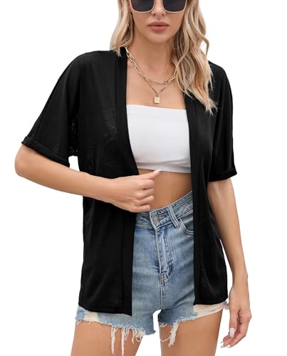 Iandroiy Women's Casual Cardigan Loose Cover Up Half Sleeve Blouse Tops (Medium, Black)
