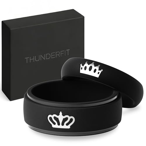 ThunderFit Silicone Rings for Him and Her, Wedding Bands for Couples with Crown Engraving, 2-Pack...