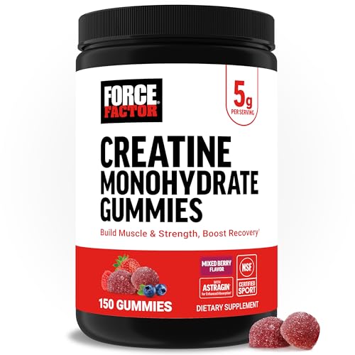 Force Factor Creatine Monohydrate Gummies, NSF Certified, 5g Dose for Men & Women to Support Muscle, Strength, Recovery, Cognitive Health & Memory, Mixed Berry, 150 Gummies