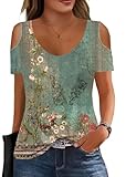 Soesdemo Women Summer Green Flower Printed Tops Scoop Neck Cold Shoulder Short Sleeve 2024 Loose Fit Basic Tee Shirts