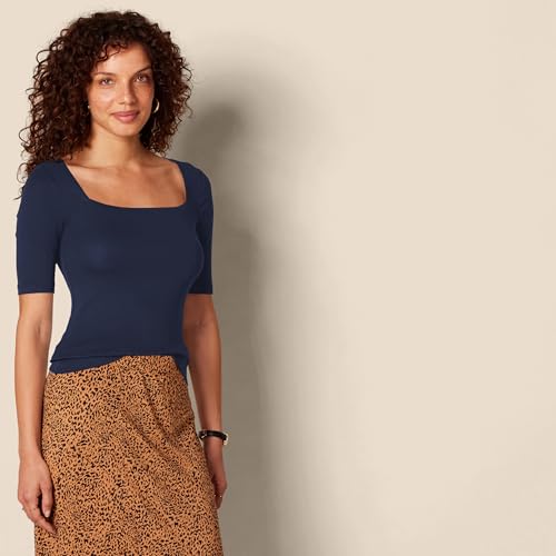 Amazon Essentials Camiseta Entallada con Media Manga y Cuello Cuadrado Mujer, Azul Marino, S