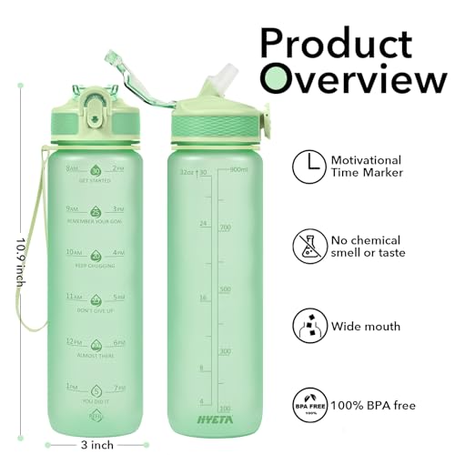 Image of Hyeta Plastic Water Bottle With Straw & Time Marker, 32oz Leakproof Jug | Motivational Tritan BPA Free Gym Office Outdoor Intake Tracker Hourly Reminder Straw Lid Lightweight