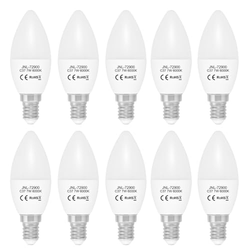 JANDEI - 10 x Lampadine LED E14 C37 da 7 W, Equivalente a 60 W, 330° di Apertura, Luce Bianca Freddo 6000K. Perfetto per Soggiorni, Camere da letto, Corridoi, Uffici, Case,