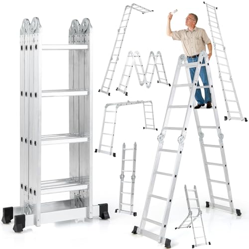 GYMAX 7-en-1 Échelle Multifonctionnelle Pliable, Escabeau Professionnel en Aluminium, Capacité 150 kg, Embouts Antidérapants, Verrouillage de Sécurité, Cadre...