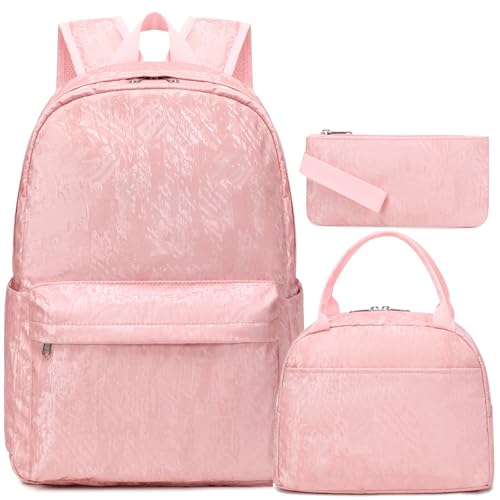 Kimwadalh Pink Girls School Backpack Set, Teens School Bookbag with Lunch Bag & Pencil Case for Preschool Elementary High School Girl
