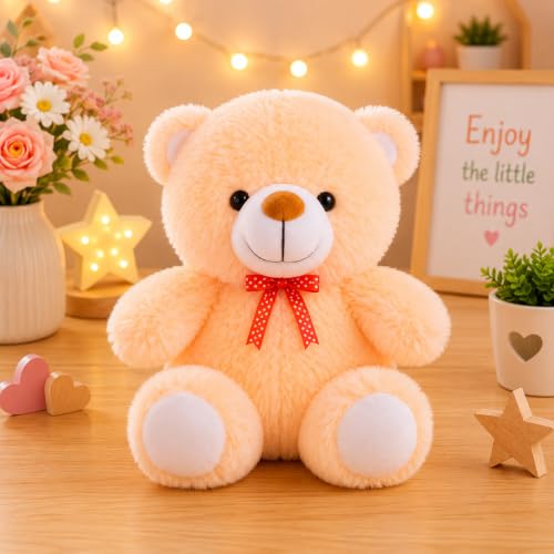 Image of Plush Teddy Bear, 20 cm, Butter Yellow with Orange Bow, Soft Stuffed Animal