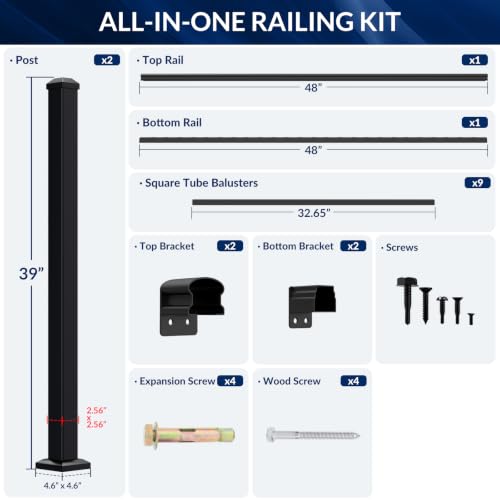 Image of Egadis 1 Pack 36 in. H x 4 ft. W Aluminum Stair Railing Kit with 2 Post, Black Textured Powder-Coat Finish Modular Aluminum Railing Kit for Outdoor Decks, Porches & Balconies (2 Post, 1 Panel)