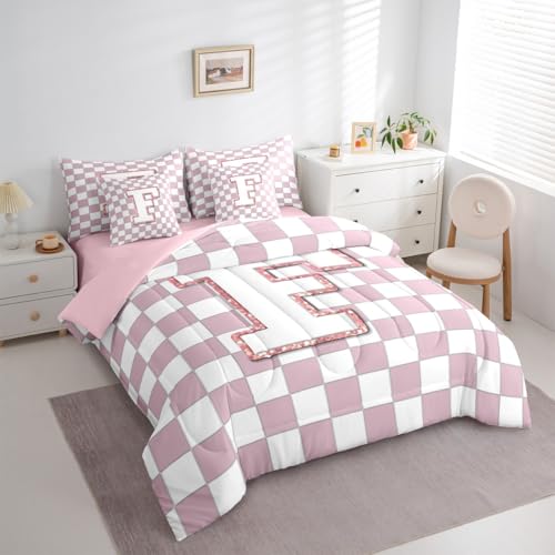 Image of Erosebridal Pink Initial F Full Bed in A Bag 7 Piece Kawaii Plaid Checkered Comforter Set with Sheets Cute Personalized Monogram Bedding Sets for Kids Girls Teen Women,Fashion Grids Gingham Bed Set