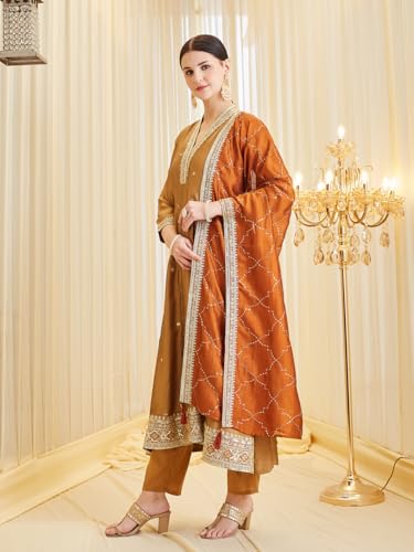Image of MOKOSH Women's Silk Embroidery Anarkali Kurta Pant with Dupatta | Anarkali Kurta Set |Embroidered |V Neck Full Sleeve Ethnic Suit |3 Piece Outfit