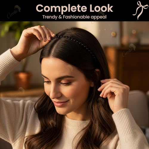Image of Cerrito Black Metal Hair Band for Men - 8 Pcs Wavy Non-Slip Adjustable Headbands for Women, Boys, and Girls, Facial Sports, Yoga, Running, Face Wash, Fashion Hair Accessories