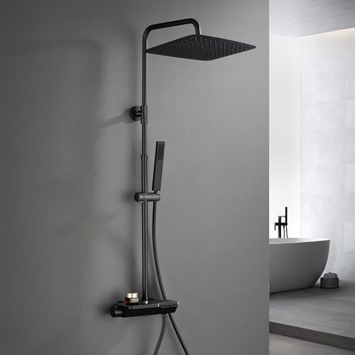 Görbach Regendusche Duschsystem mit Thermostat, Kopfbrause 35x25 cm Schwarz | Edelstahl Duschset mit Verstellbarer Duschstange passend für vorhandene Bohrlöcher, Thermostat Duschar