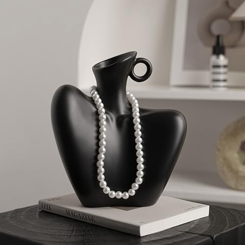 Black Modern Female Body Ceramic Vase, 8.3 Inch Abstract Clavicle Bone Sculpture Vase, Dark Minimalist Artistic Vase for Pampas Grass, Unique Boho Home Decor for Living Room Bedroom, Housewarming Gift — view 2