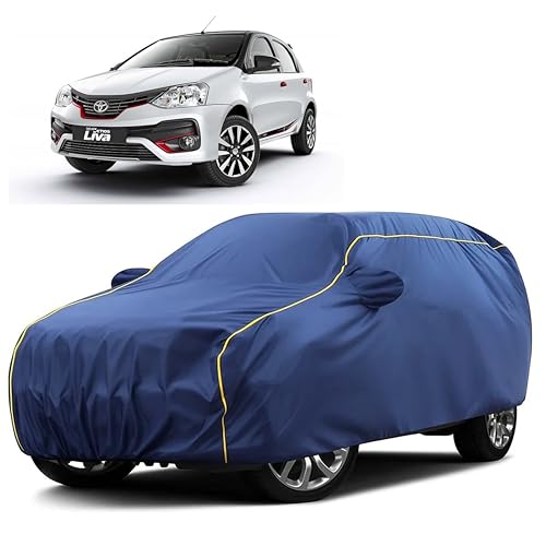 Image of Sulfar 100% Water Resistant Car Body Cover Compatible with Mirror for Toyota Etios Liva (Triple Stitched, Full Bottom Elastic, Blue Taffeta with Yellow Piping)