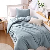 Wake In Cloud - Cotton Duvet Cover Set, Twin Size, Light Denim Blue, 100% Washed Cotton, Linen Like Textured, Breathable Percale Durable Comfy Farmhouse Neutral Bedding Set, 3 Pieces