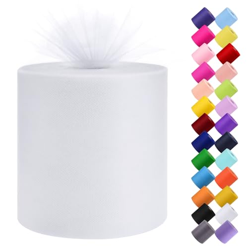 Tulle Fabric Roll, 6” by 200 Yards (600FT) Tulle Organza Fabric Spool for DIY Tutu Skirt Baby Shower Decor Wedding Backdrop Crafts Birthday Party Supplies (White)