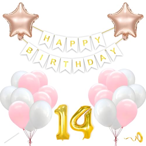 Image of Flyloons 14th Happy Birthday Decoration Kit Pink White for Boys Girls Kids Twins Men Women With 20 Pcs Pastel Balloons Birthday Banner 2 Pcs Star Items Set