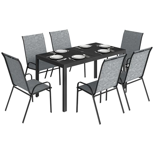 Outsunny Conjunto de Mesa y Sillas Jardín de 7 Piezas, Muebles Jardín Exterior con Mesa Metálica Efecto Madera con Agujero, 6 Sillas Apilables Transpirables, Marco de Acero Resistente, Gris Mixto