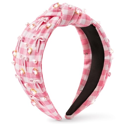Y1tvei Bow Checked Knotted Headband - Coquette Pink Bow Checked C...