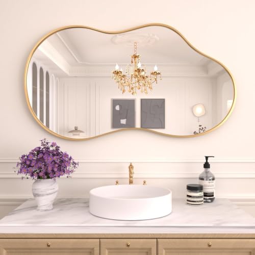 Image of Alfa Design Asymmetrical Mirror with Wood Frame Irregular Bathroom Mirror Decorative Wall Mirror Large 20 inchx30 inch Vintage Mirrors for Living Room Bathroom Bedroom Entryway Wall Decor (Gold)
