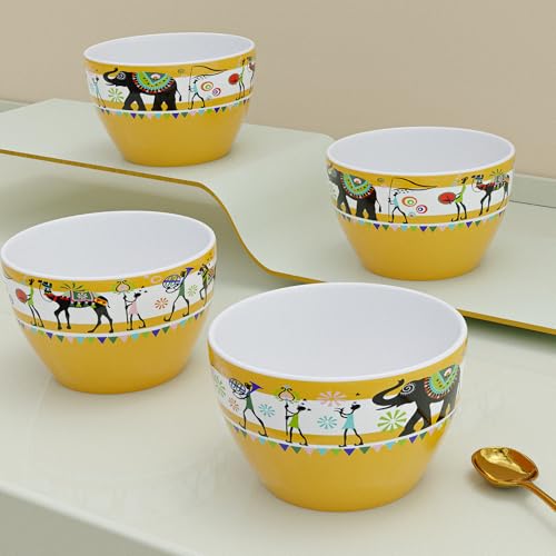 The Earth Store Yellow Tribal Art Ceramic Snack Bowl for Snacks | Mixing Bowl for Kitchen| Microwave & Dishwasher Safe | Multipurpose Serving Bowl | 330ml, Set of 4 (B0DDPRMVFV) Amazon Price History, Amazon Price Tracker