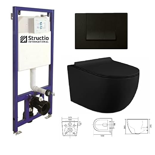 WC, juego completo, asiento antienjuagues, radiador de pared de cierre suave, cisterna empotrada, caja de cerámica empotrada, juego de inodoro de pared, cuenco blanco/negro, placa de presión (SD 1