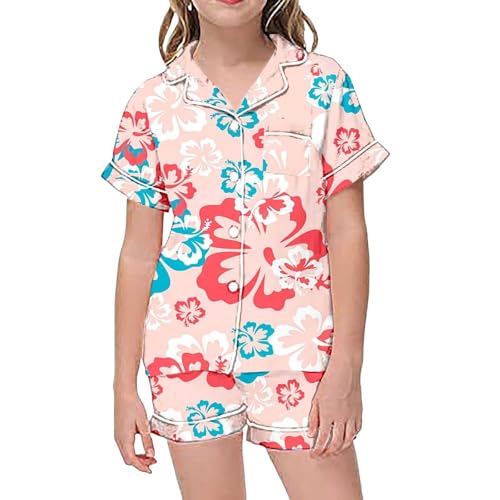 Graphic Button Down Satin 𝐏ajamas Set Girls Short Sleeve Top Shorts 𝗦leepwear Trendy Hawaii Holiday 𝗡ightwear