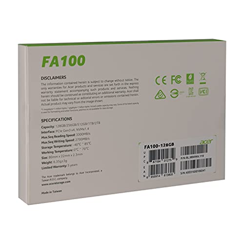 Image of Acer FA100 128GB PCIe Gen3 x4 NVMe 3D NAND SSD M.2 Internal SSD-950MB /s R, 650MB /s W Speed