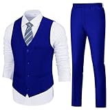 Mens Suit Set Slim Fit 2 Pieces Formal V-Neck Dress Waistcoat Vest Pants Groomsmen Wedding Prom Party Work Royal Blue Men Suit Tuxedo L