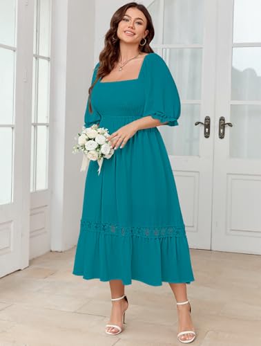 Image of SCOMCHIC Women's Plus Size Boho Maxi Dress Short Sleeve Square Neck Smocked Flowy A-Line Lace Trim Wedding Guest Dresses