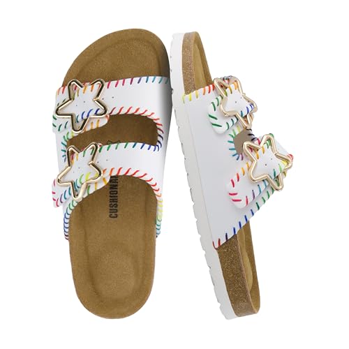 Image of CUSHIONAIRE Lily Girl Toddler Sandals with Adjustable Gold Tone Star Buckles and Cushioned Cork Footbed Slip On Girls Slides for Kids