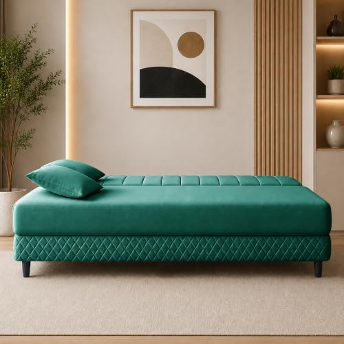 Image of Rosebell Modern 3 Seater Velvet Sofa Cum Bed with Cushion | Premium Upholstered Fabric | Tufted Backrest | Wooden Legs | Living Room Furniture | Green